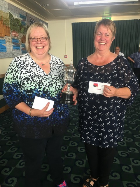 Kate and Judy: Kate Terry and Judy Pawson from Tauranga must think Thames is their happy place ... picking up the 5A Alan Barclay Pairs Trophy.